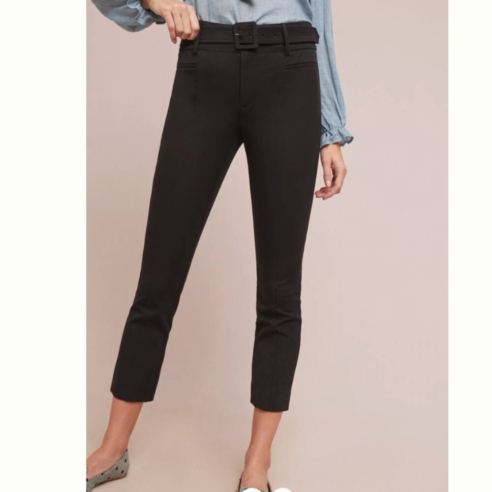Anthropologie Women's The Essential Slim Black Crop Trousers with Belt Size 12
